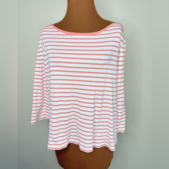 Chico's Coral Pink and White Striped Boatneck Blouse Cotton Size Large - Picture 1 of 5